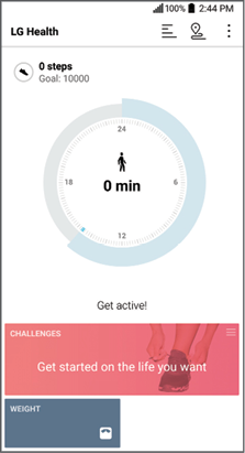 [LG Health] There are three buttons in the top right corner of the screen. Starting from the left, use the log button to view your exercise log, the tracking button to view your exercise route, and the options button to access additional setting options.